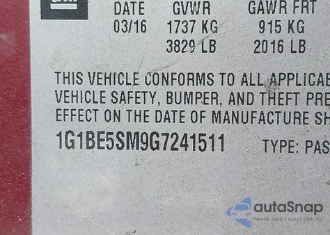 2016 Chevrolet Cruze Lt Auto z USA, uszkodzony, nr VIN 1G1BE5SM9G7241511